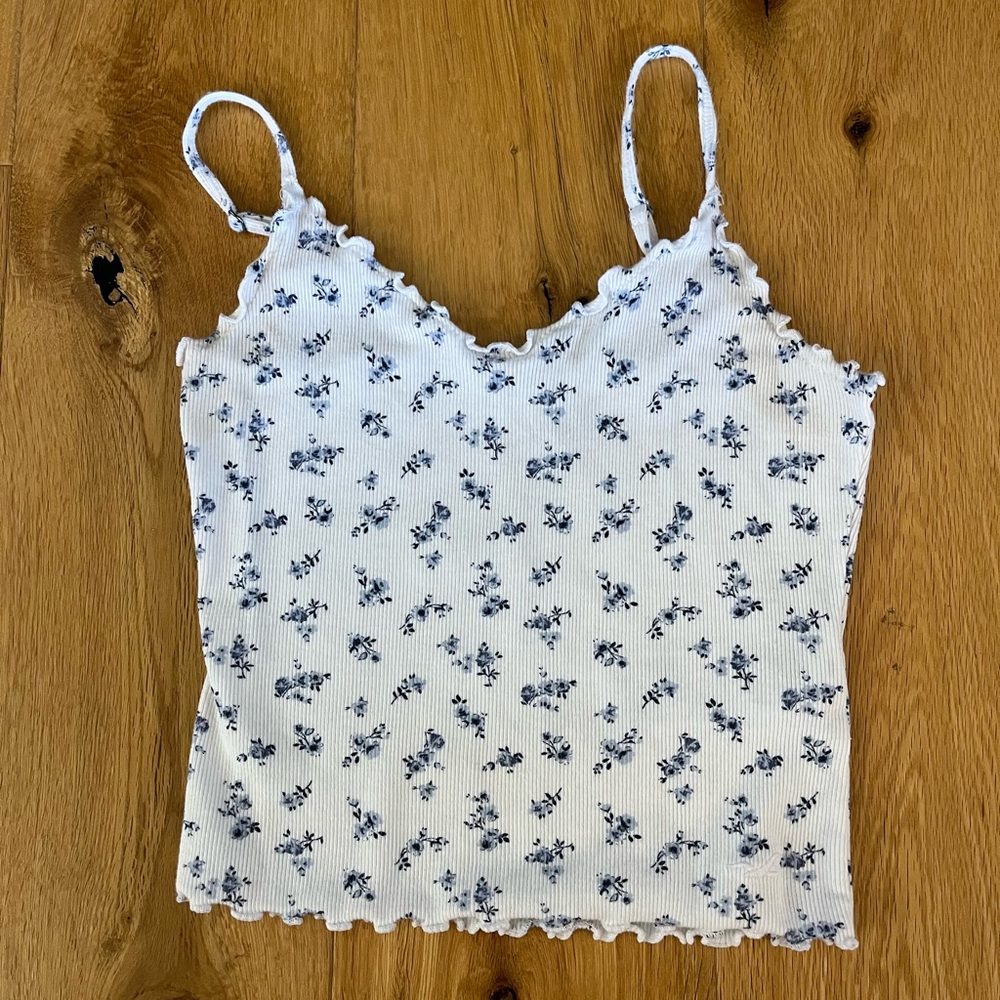 Hollister Blue and White Floral Tank Top SIZE: Small